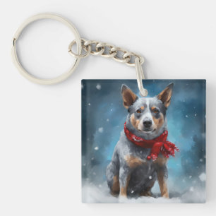Porte-clefs Chien de Heeler Bleu à Noël de neige