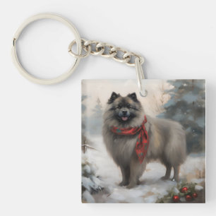 Porte-clefs Chien de Keeshond à Noël de neige