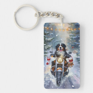 Porte-clefs Chien de montagne bernois conduisant une moto pour