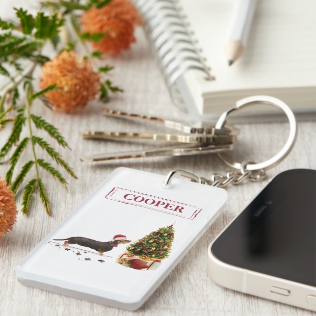 Porte-clefs Chien de Noël noir et Tan Dachshund drôle (Devant droit)