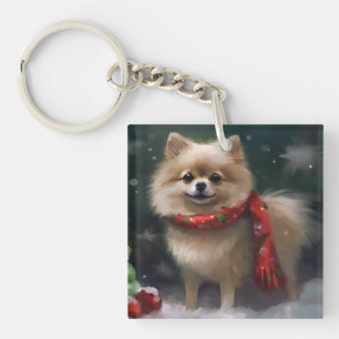 Porte-clefs Chien de Poméranie en Noël de neige