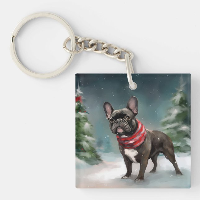 Porte-clefs Chien de taureau français à Noël de neige (Devant)