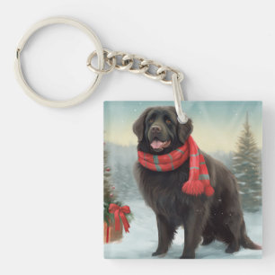 Porte-clefs Chien de Terre-Neuve à Noël sous la neige