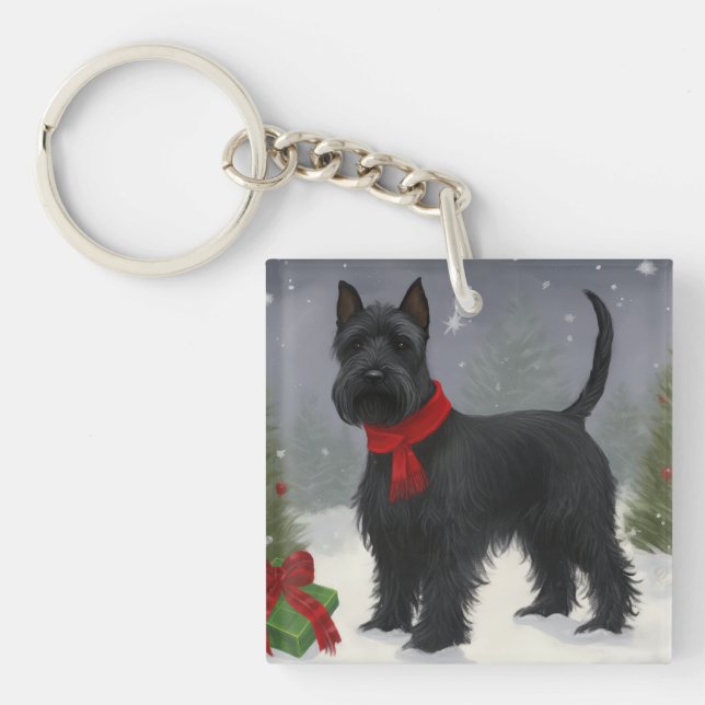 Porte-clefs Chien de Terrier écossais en Noël de neige (Devant)