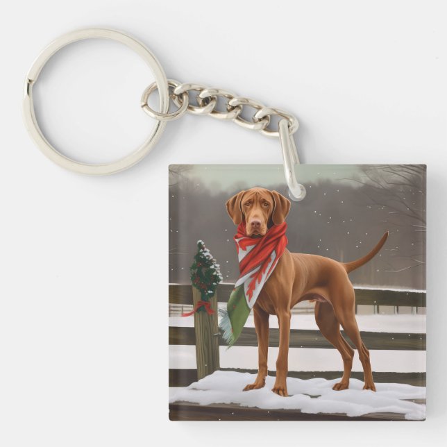 Porte-clefs Chien de Vizsla à Noël de neige (Devant)