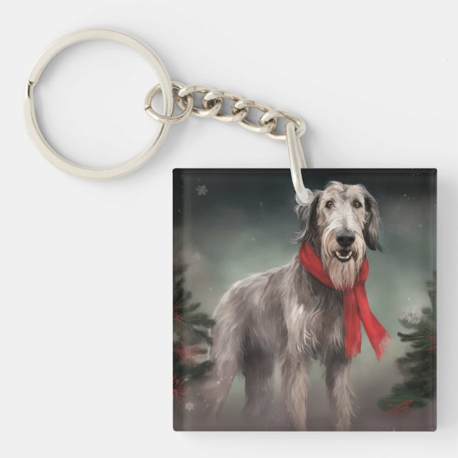 Porte-clefs Chien de Wolfhound à Noël de neige (Devant)