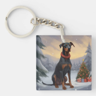 Porte-clefs Chien Doberman dans la neige de Noël