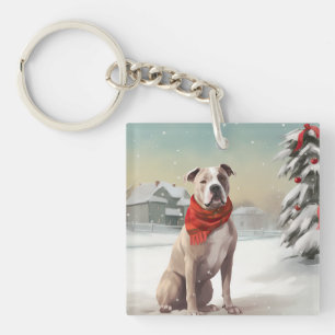Porte-clefs Chien du Staffordshire américain à Noël de neige