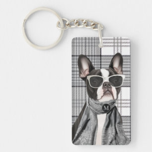 Porte-clefs Chien élégant Boston Terrier et monogramme à carre