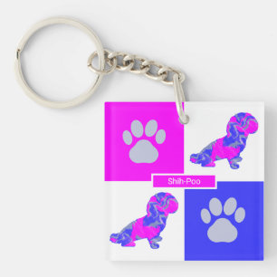 Porte-clefs Chien et Carré rose pâle et bleu en silhouette Shi