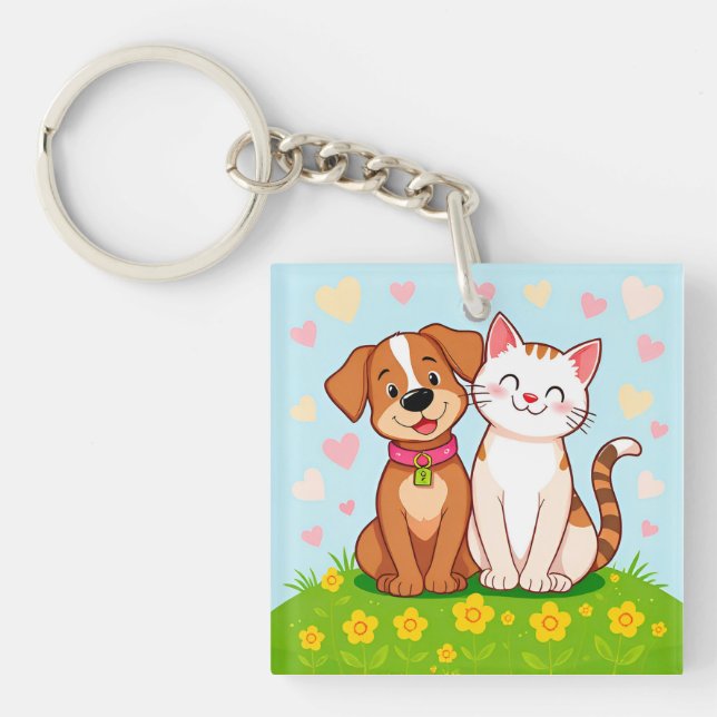 Porte-clefs Chien et chat de dessin animé mignons assis ensemb (Devant)