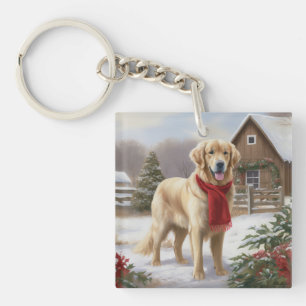 Porte-clefs Chien Golden Retriever dans la neige de Noël
