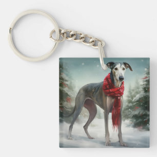 Porte-clefs Chien gris à Noël de neige