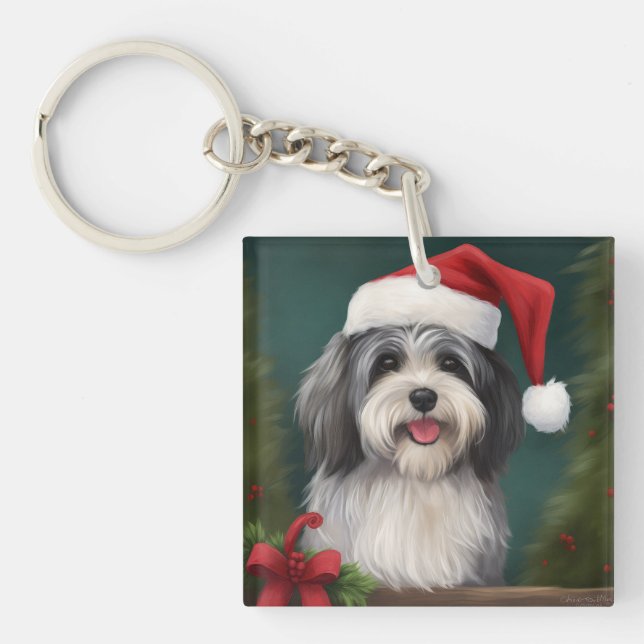 Porte-clefs Chien Havanais en Noël de neige (Devant)
