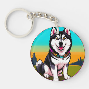 Porte-clefs Chien husky de dessin animé mignon avec collier