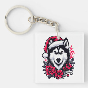 Porte-clefs Chien Husky Festif Floral avec Chien de Noël Chien