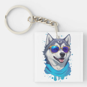 Porte-clefs Chien Husky Portant du verre soleil dans la lueur