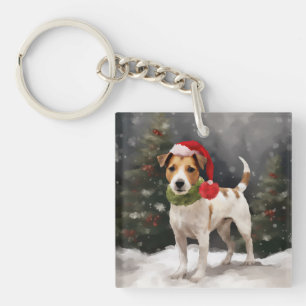 Porte-clefs Chien Jack Russell dans la neige de Noël
