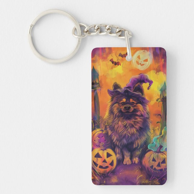 Porte-clefs Chien Keeshond effrayant Halloween Sorcière et Cit (Devant)