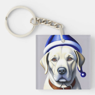 Porte-clefs Chien Labrador Doré portant un chapeau de fêtes bl