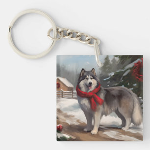 Porte-clefs Chien Malamute d'Alaska dans la neige de Noël