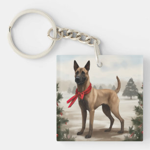 Porte-clefs Chien Malinois Belge dans la neige de Noël