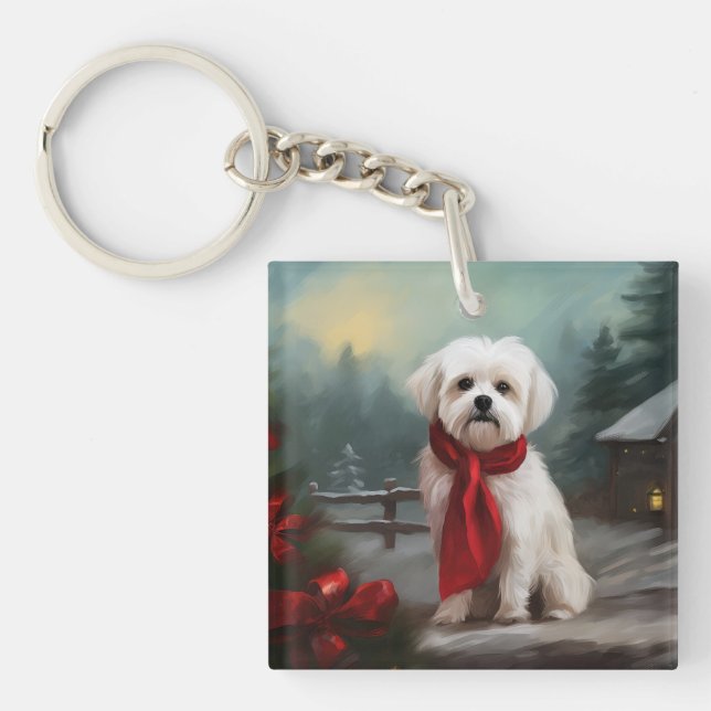 Porte-clefs Chien maltais à Noël de neige (Devant)