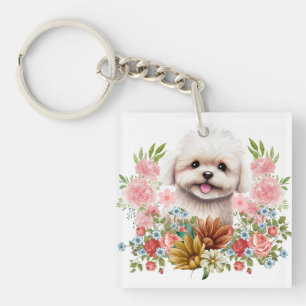 Porte-clefs Chien maltais aux fleurs, Chien maltais mignon