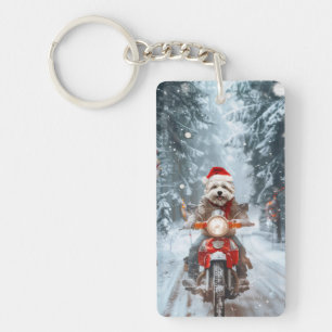 Porte-clefs Chien maltais faisant de la moto à Noël