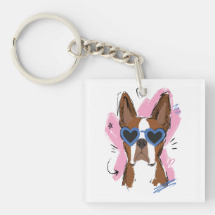 Porte-clefs Chien mignon avec des lunettes de soleil à cœur bl