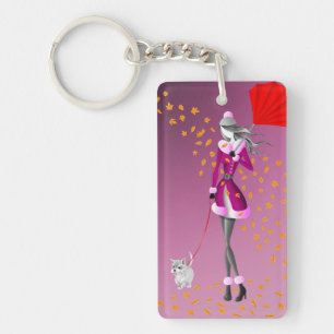 Porte-clefs Chien mignon et dame marchant en pluie - Rainy Day