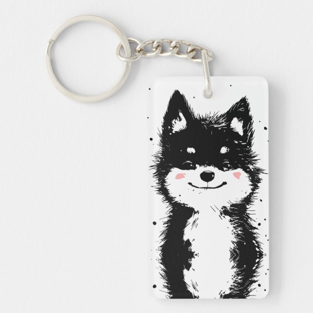 Porte-clefs Chien noir et blanc souriant (Devant)