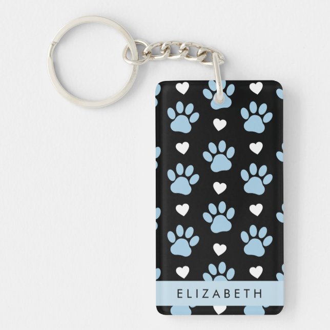 Porte-clefs Chien Paws, Blue Paws, White Hearts, Votre Nom (Devant)