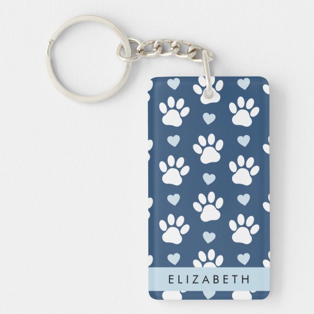 Porte-clefs Chien Paws, White Paws, Blue Hearts, Votre Nom (Devant)