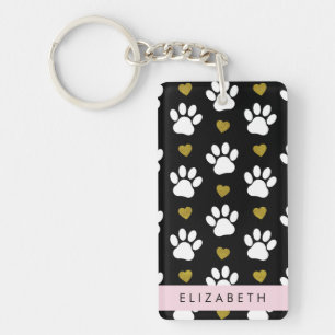 Porte-clefs Chien Paws, White Paws, Gold Hearts, Votre Nom