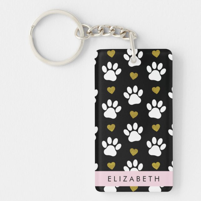 Porte-clefs Chien Paws, White Paws, Gold Hearts, Votre Nom (Devant)