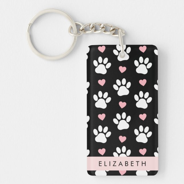 Porte-clefs Chien Paws, White Paws, Rose Hearts, Votre Nom (Devant)