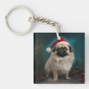 Porte-clefs Chien pekingese pendant Noël de neige