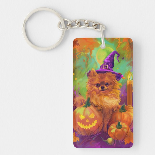 Porte-clefs Chien Poméranien éffrayant Halloween sorcière et C (Devant)