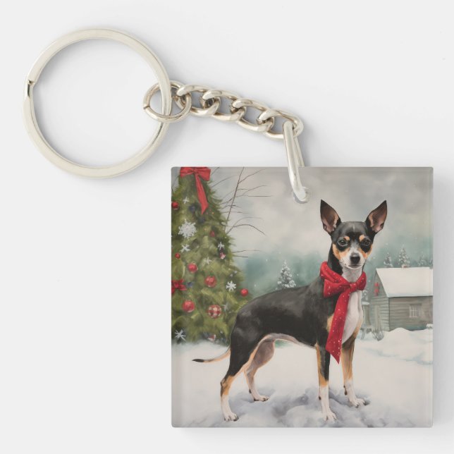 Porte-clefs Chien Rat Terrier dans la neige de Noël  (Devant)