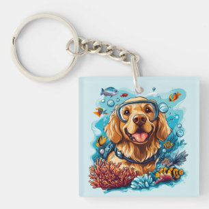 Porte-clefs Chien Retriever doré en snorkeling dans un récif d