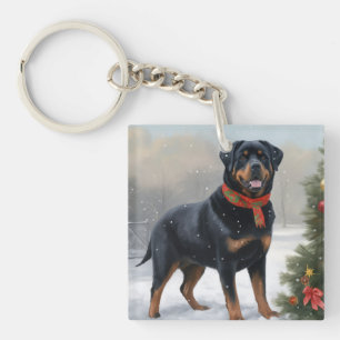Porte-clefs Chien Rottweiler dans la neige de Noël