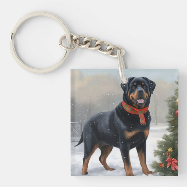 Porte-clefs Chien Rottweiler dans la neige de Noël (Devant)