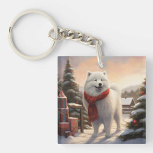 Porte-clefs Chien Samoyé à Noël de neige