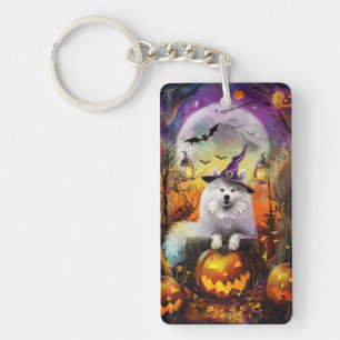 Porte-clefs Chien Samoyède Effrayant Sorcière d'Halloween et C