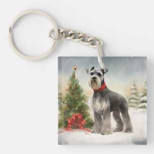 Porte-clefs Chien Schnauzer dans la neige de Noël
