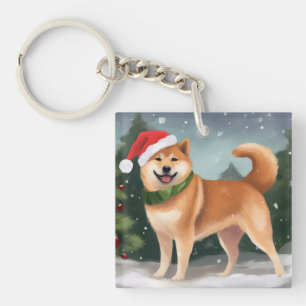 Porte-clefs Chien Shiba Inu dans la neige de Noël