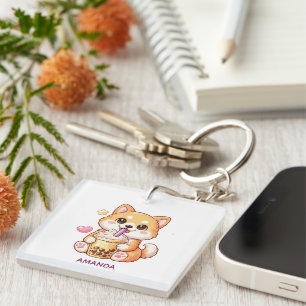 Porte-clefs Chien Shiba Inu mignon buvant du thé aux bulles Aj