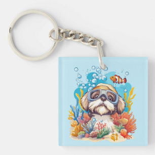 Porte-clefs Chien Shih Tzu en snorkeling dans un récif de cora