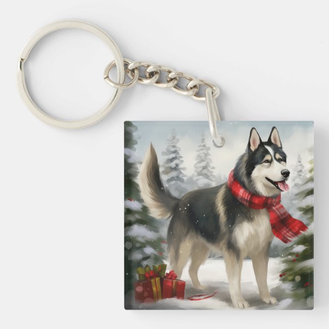 Porte-clefs Chien sibérien Husky à Noël de neige (Devant)